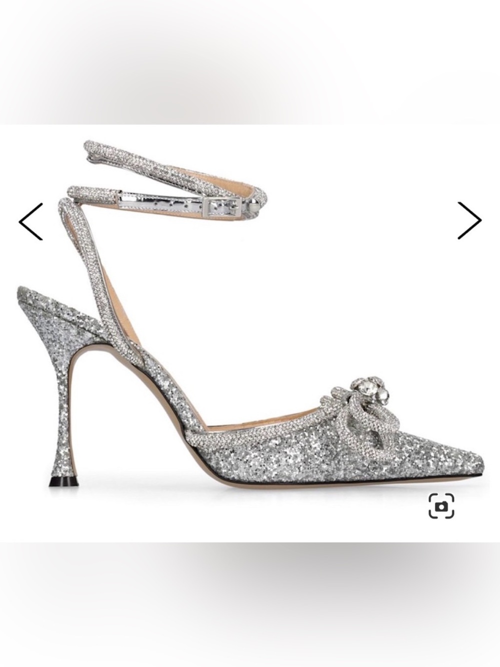 MACH & MACH Silver Glitter double bow-Ankle Strap Heels with Crystal sz 40